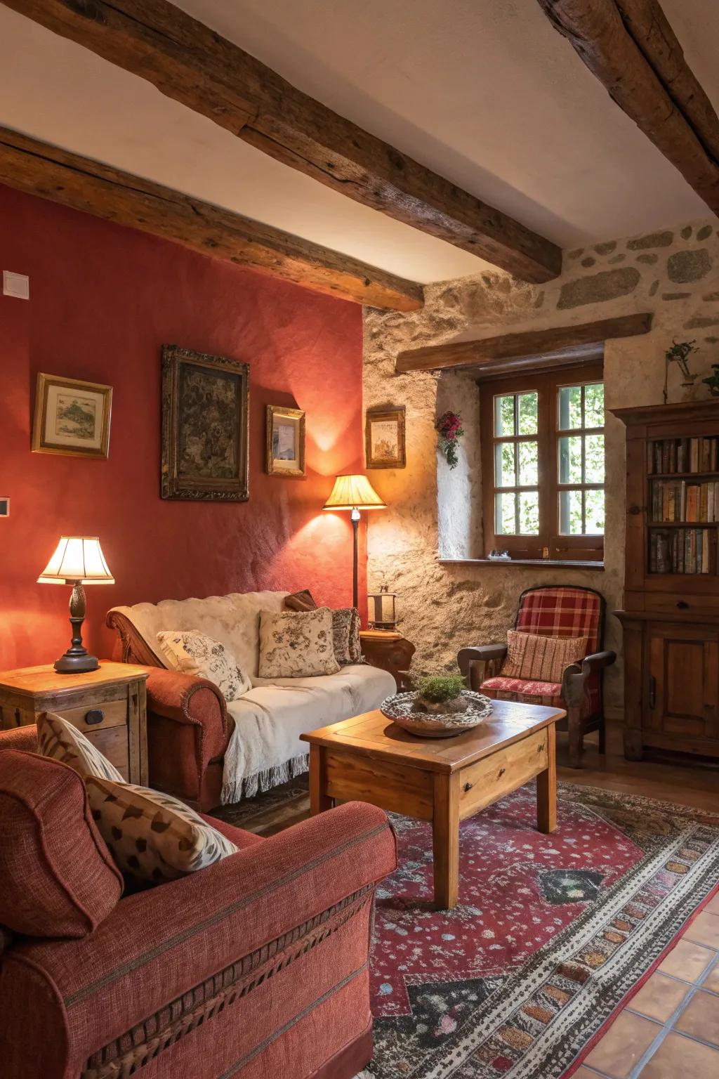 Farmhouse crimson for a warm and inviting living room.