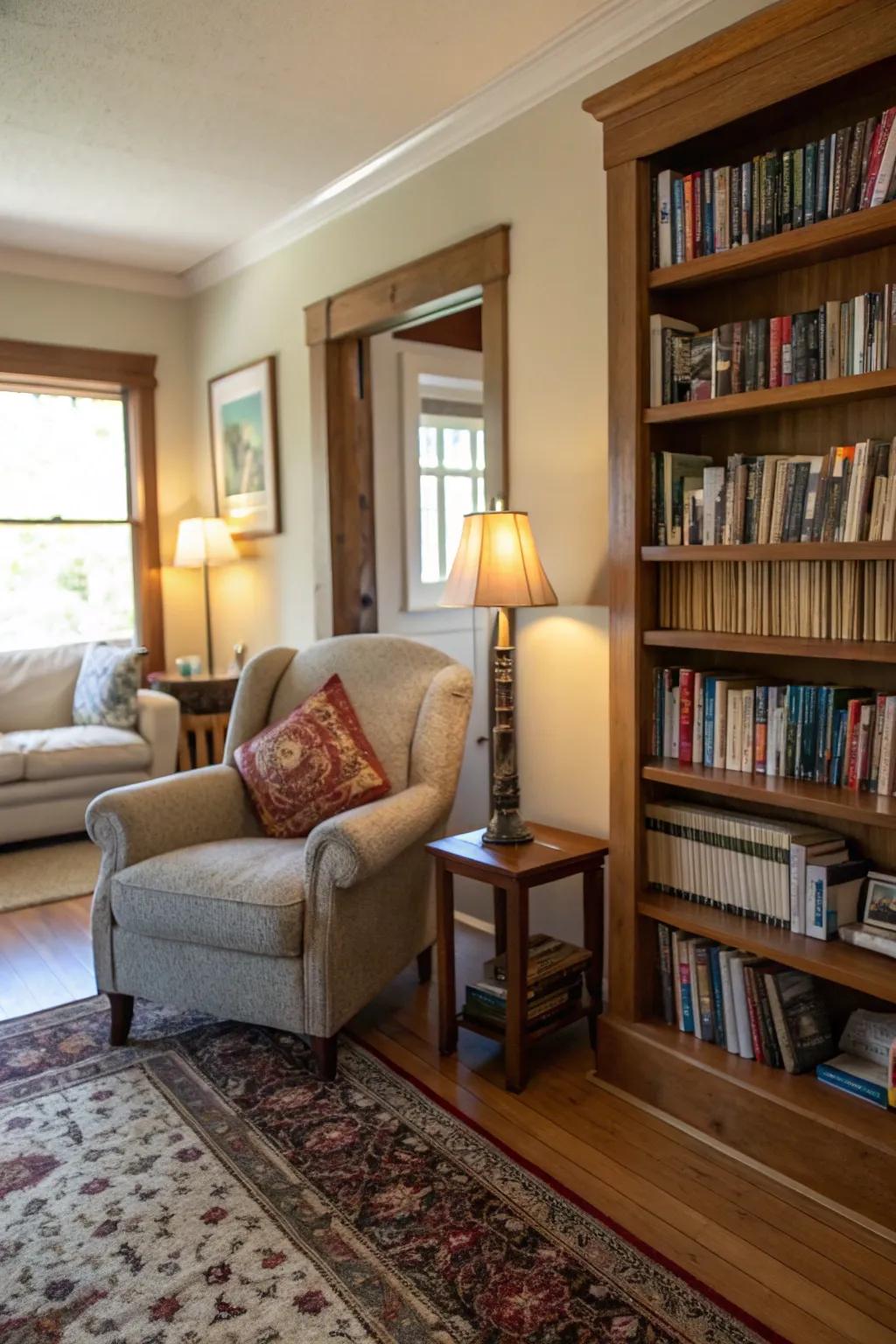 A cozy reading alcove within a living room.