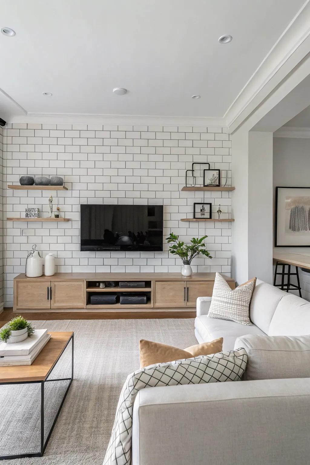 Ageless living area featuring a simple block tile wall.