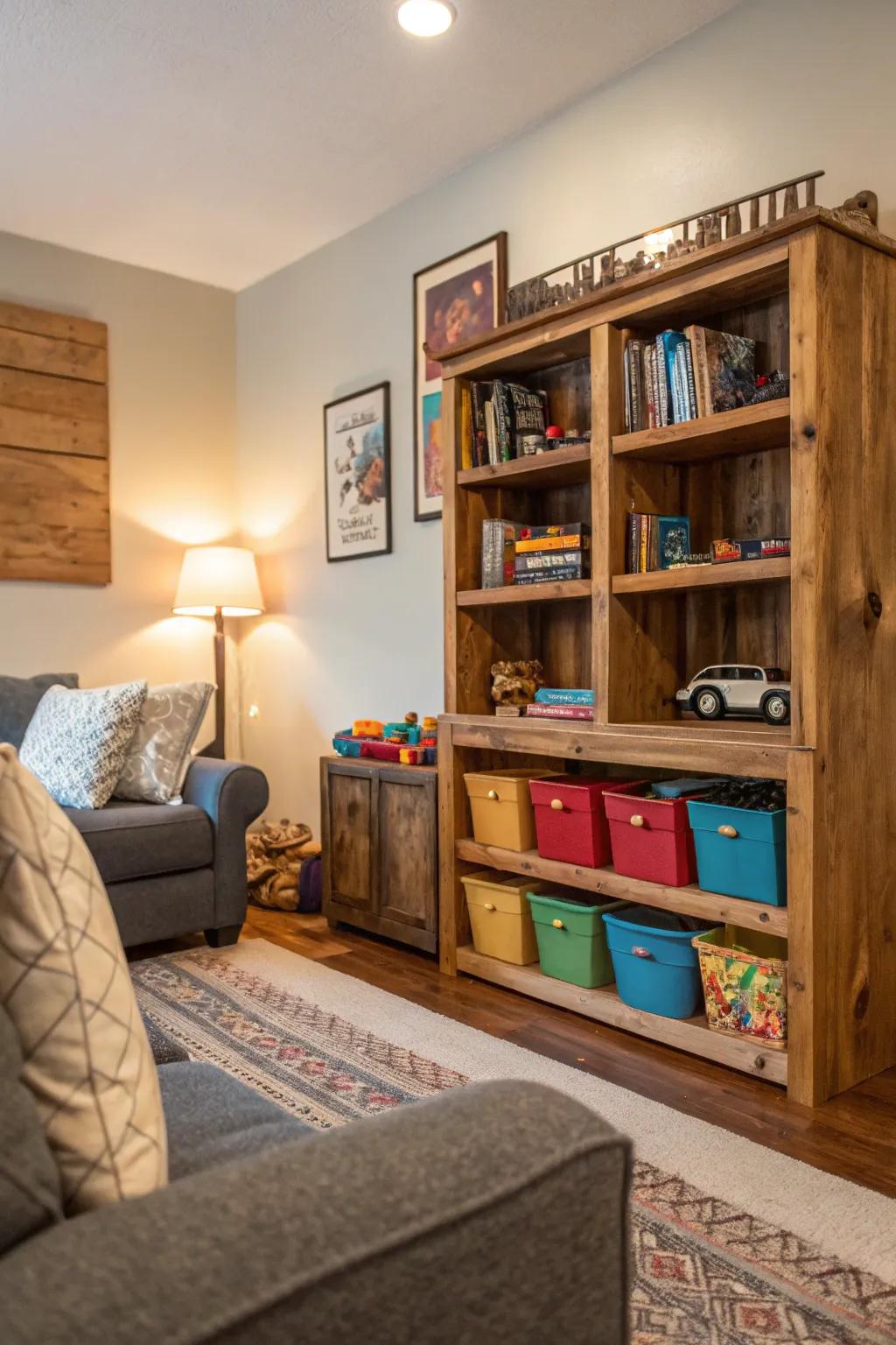 Repurposed furniture is a source of unique and functional toy storage.