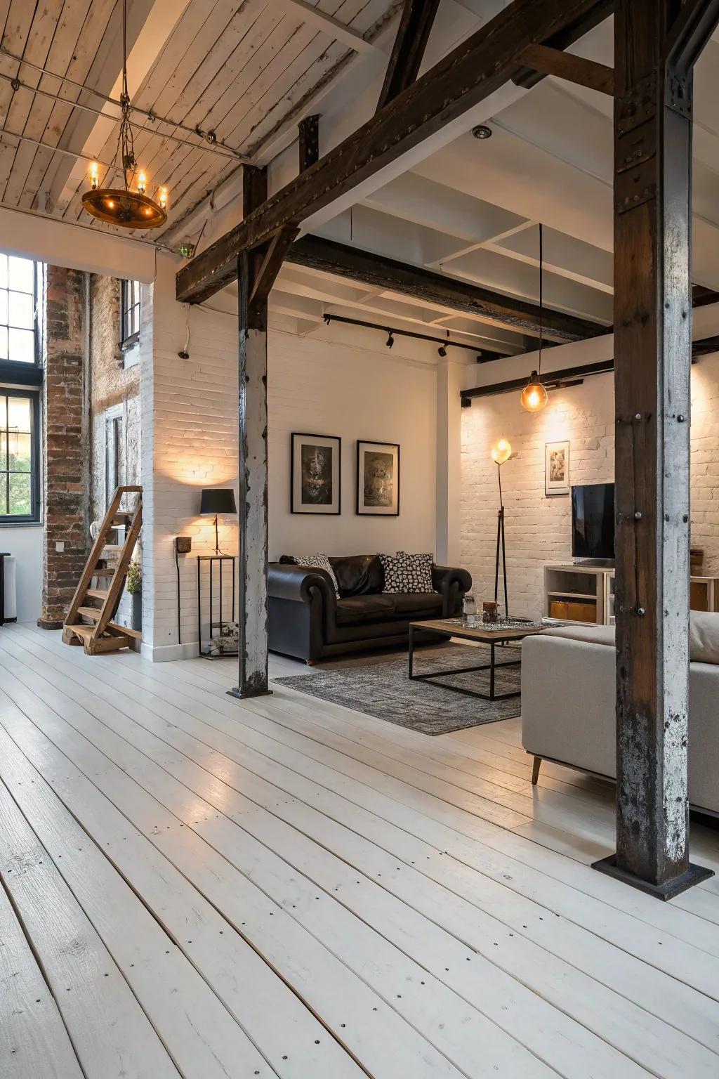 Industrial modern merges with elegance on bright hardwood floors.
