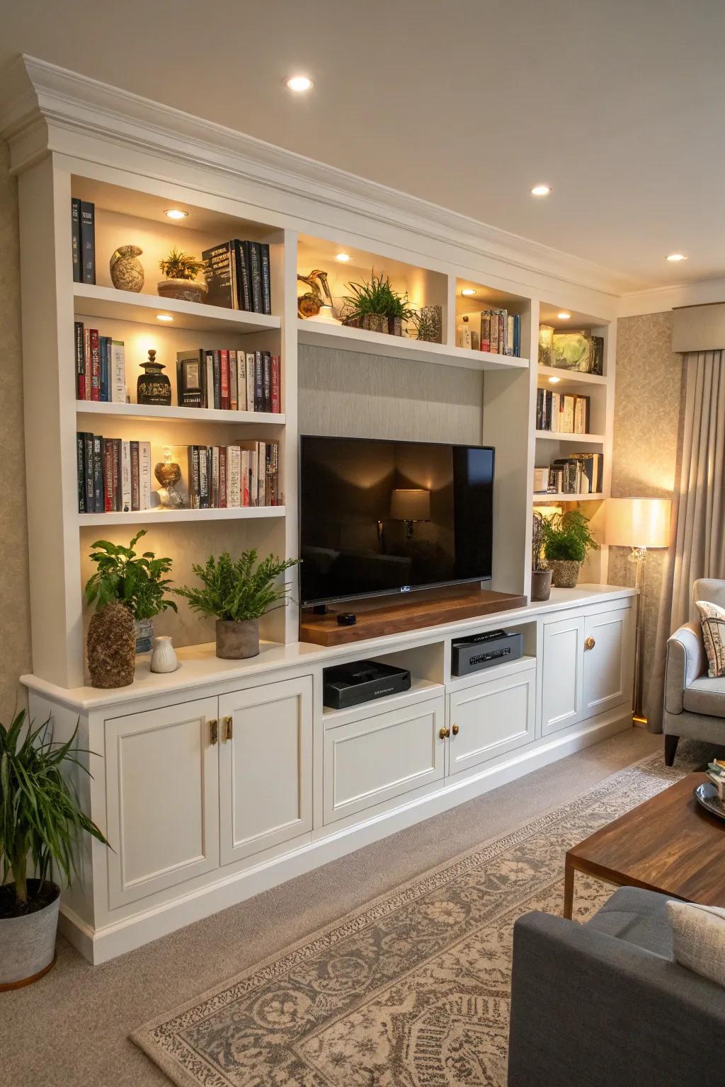 An integrated shelf and media setup combines both style and usefulness.