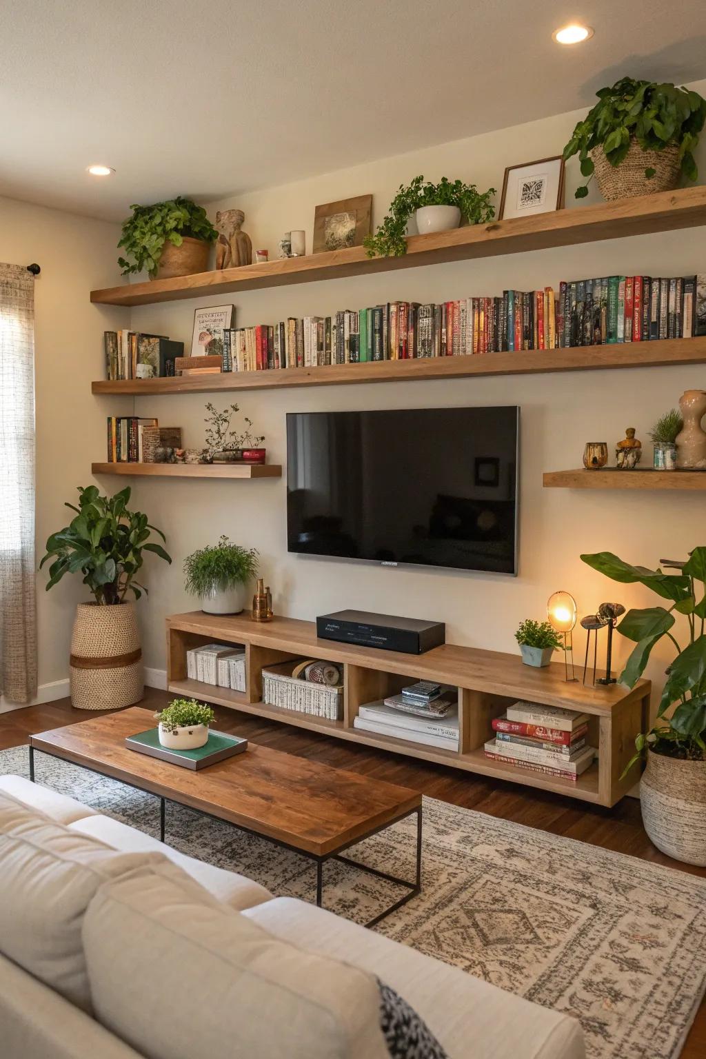 Hanging ledges offer storage without taking up too much space.