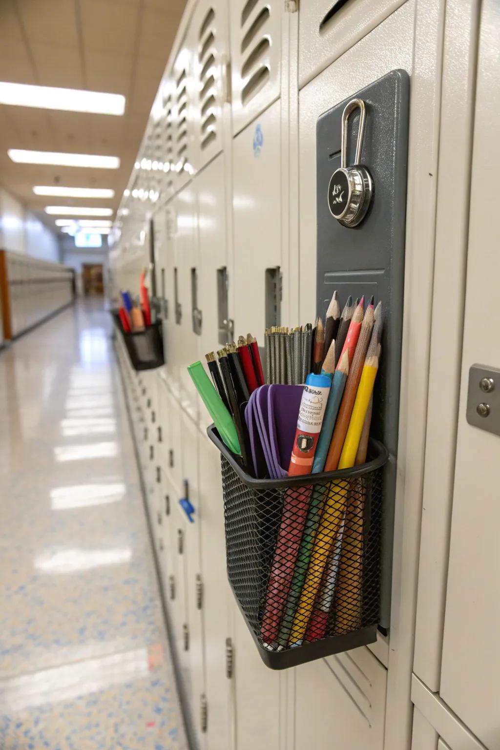 A locker featuring an affix-on pen holder for easy access to pens and pencils.