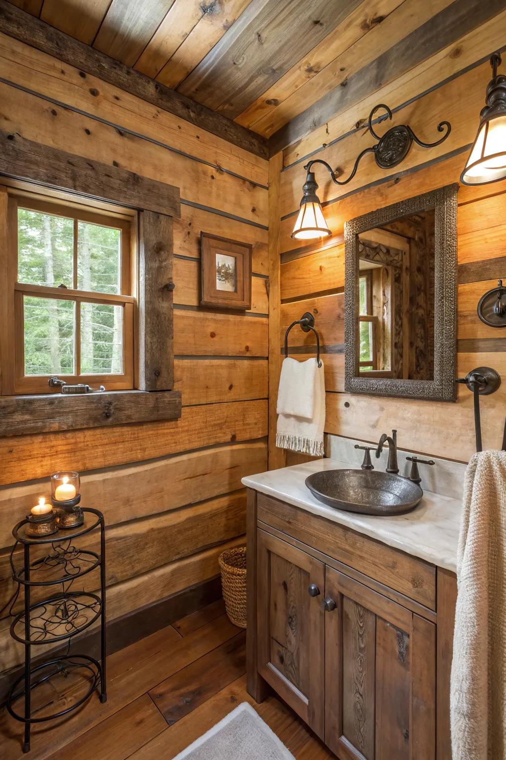 A log cabin bathroom with reclaimed wood and metal accessories.