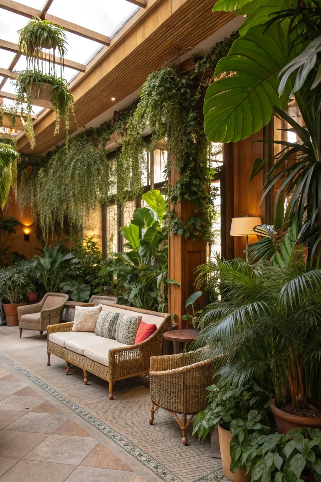 The living room is infused with vitality and a natural touch by the addition of houseplants.