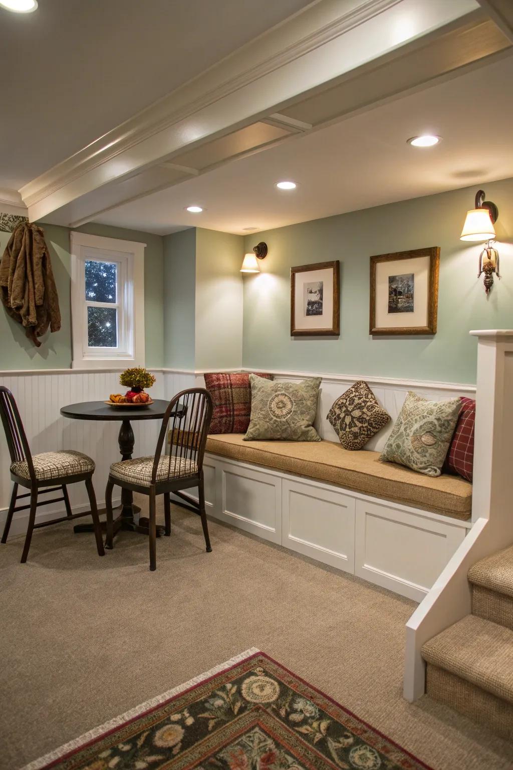 Bench seating optimizes space and provides extra storage.