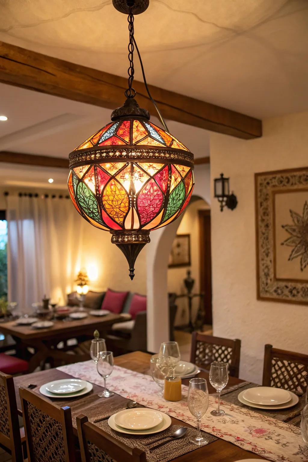 A colorful lamp adds vibrancy to a dining room.