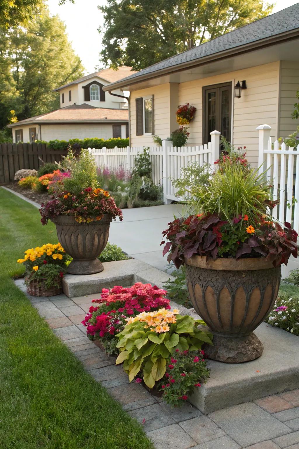 Large planters simplifying plant care and layout.