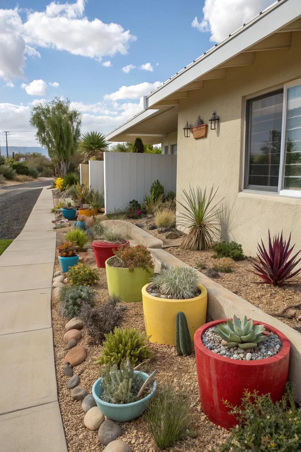 Containers add flexibility and visual interest to a xeriscape.