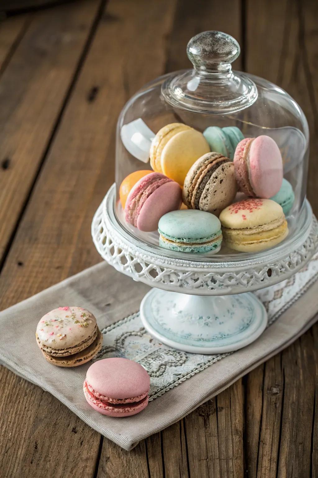 Macarons displayed under a glass dome.