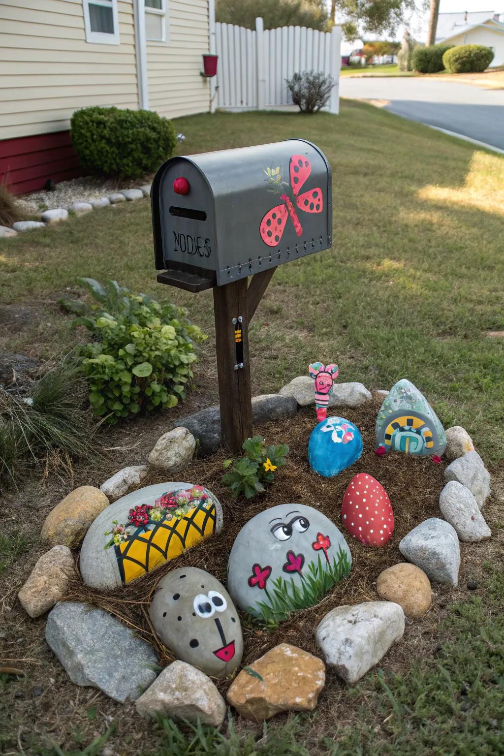 Stone artwork adds a touch of playfulness and creativity.