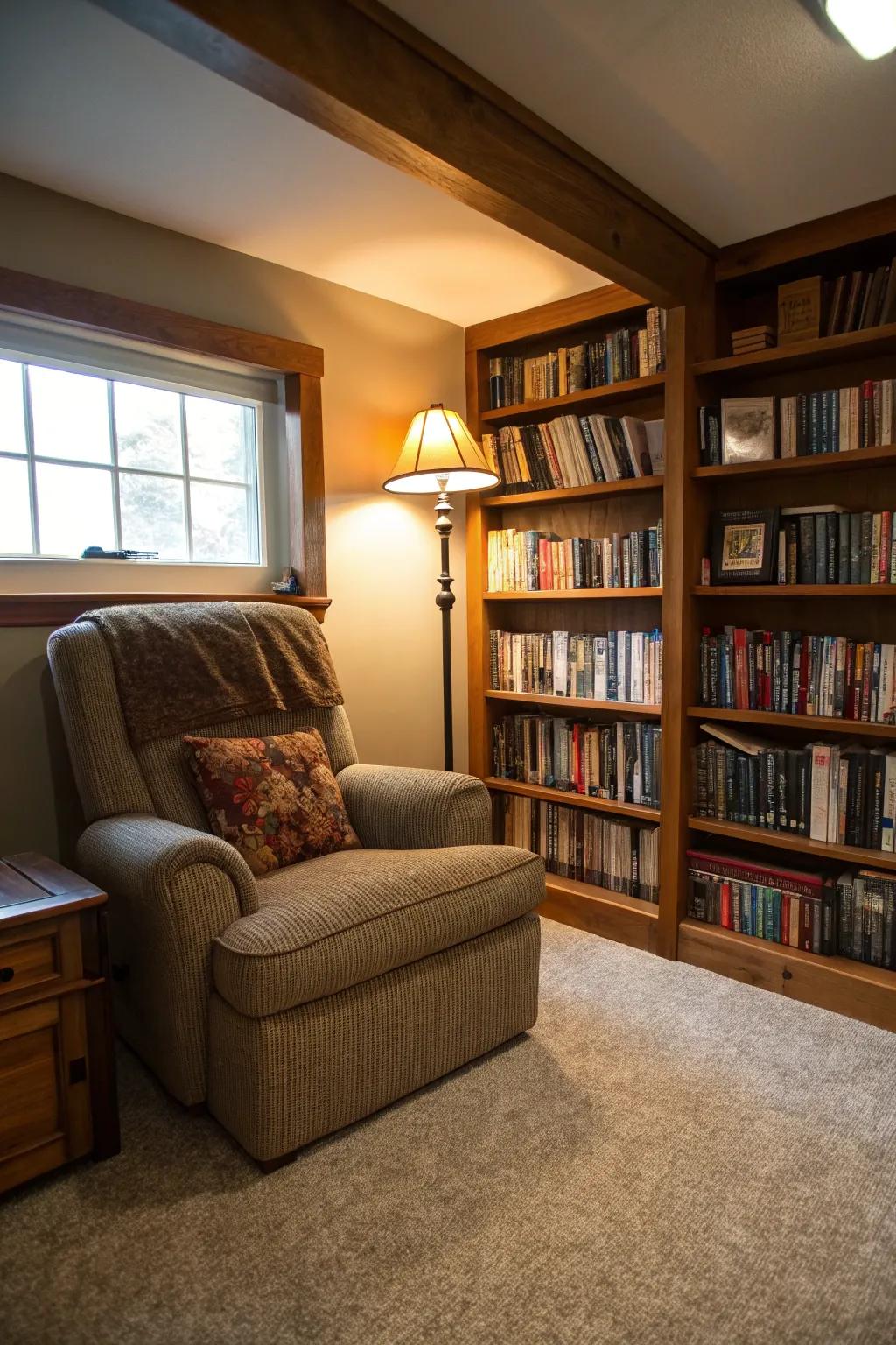 Create a serene escape with a cozy reading nook in your man cave.