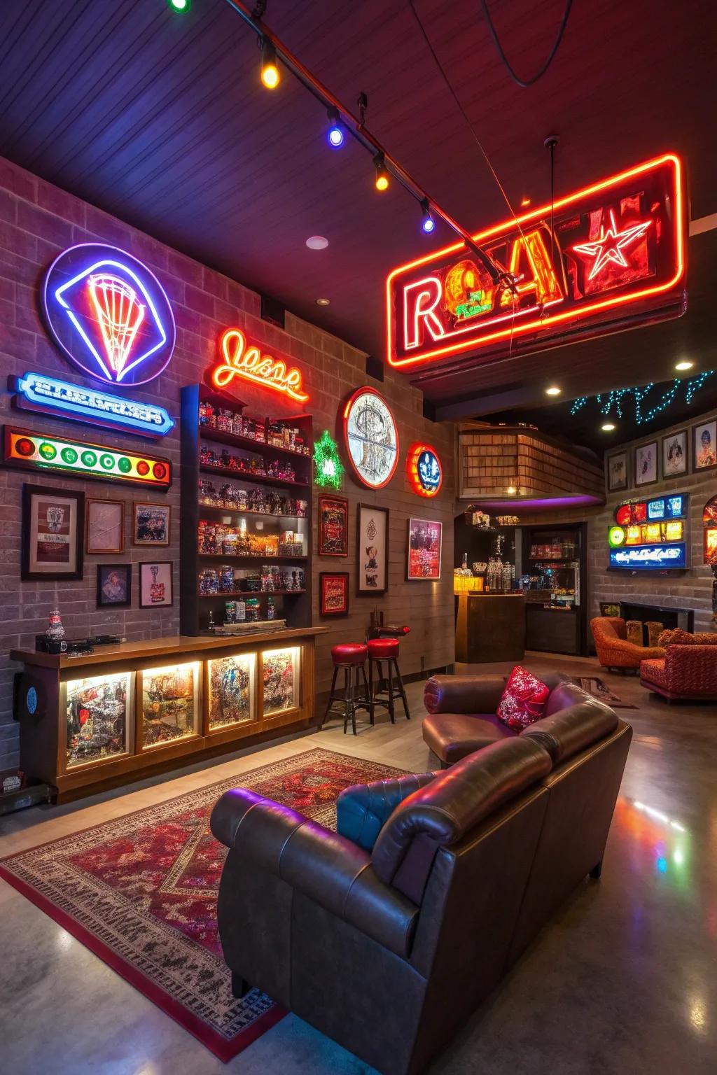 Illuminated signage brings a vibrant and playful element.