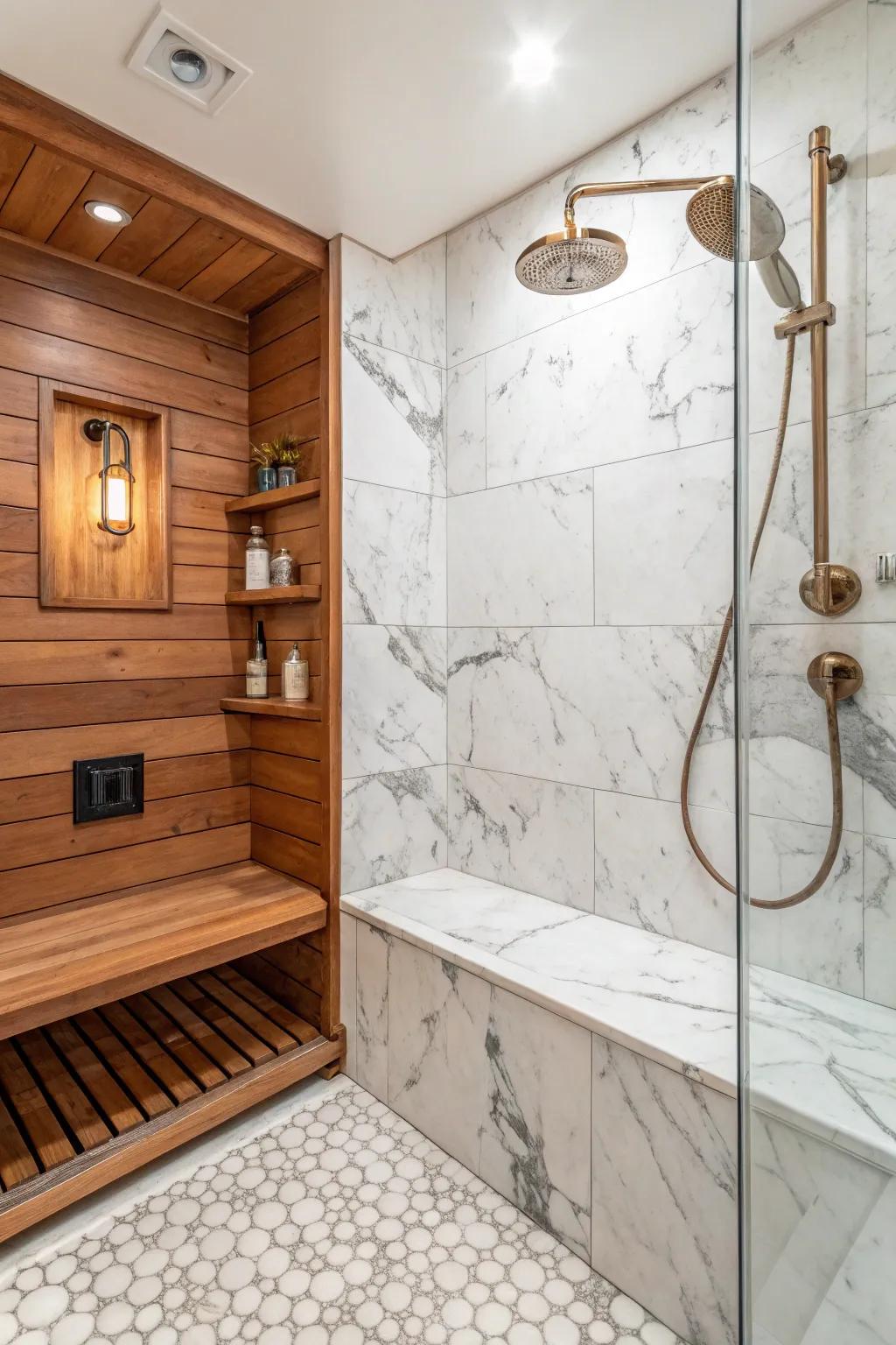 Timber accents add warmth to marble’s cool elegance.