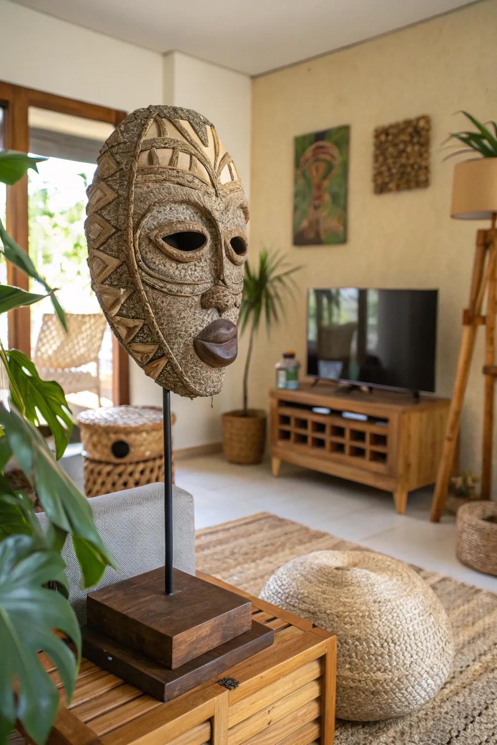 An eco-friendly mask sculpture that marries art with sustainability.