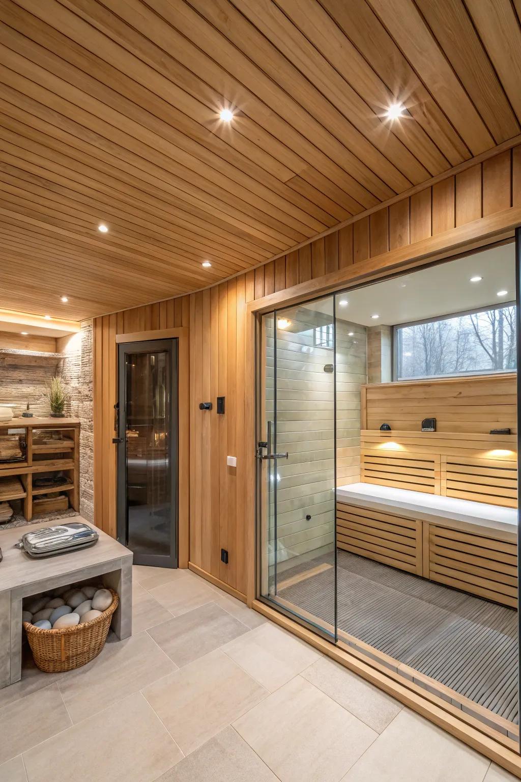 An integrated sauna turns this primary bathroom into a personal spa retreat.