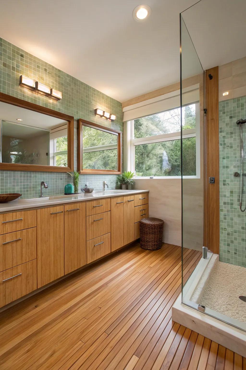 Eco-friendly bathroom with bamboo and reclaimed glass elements.