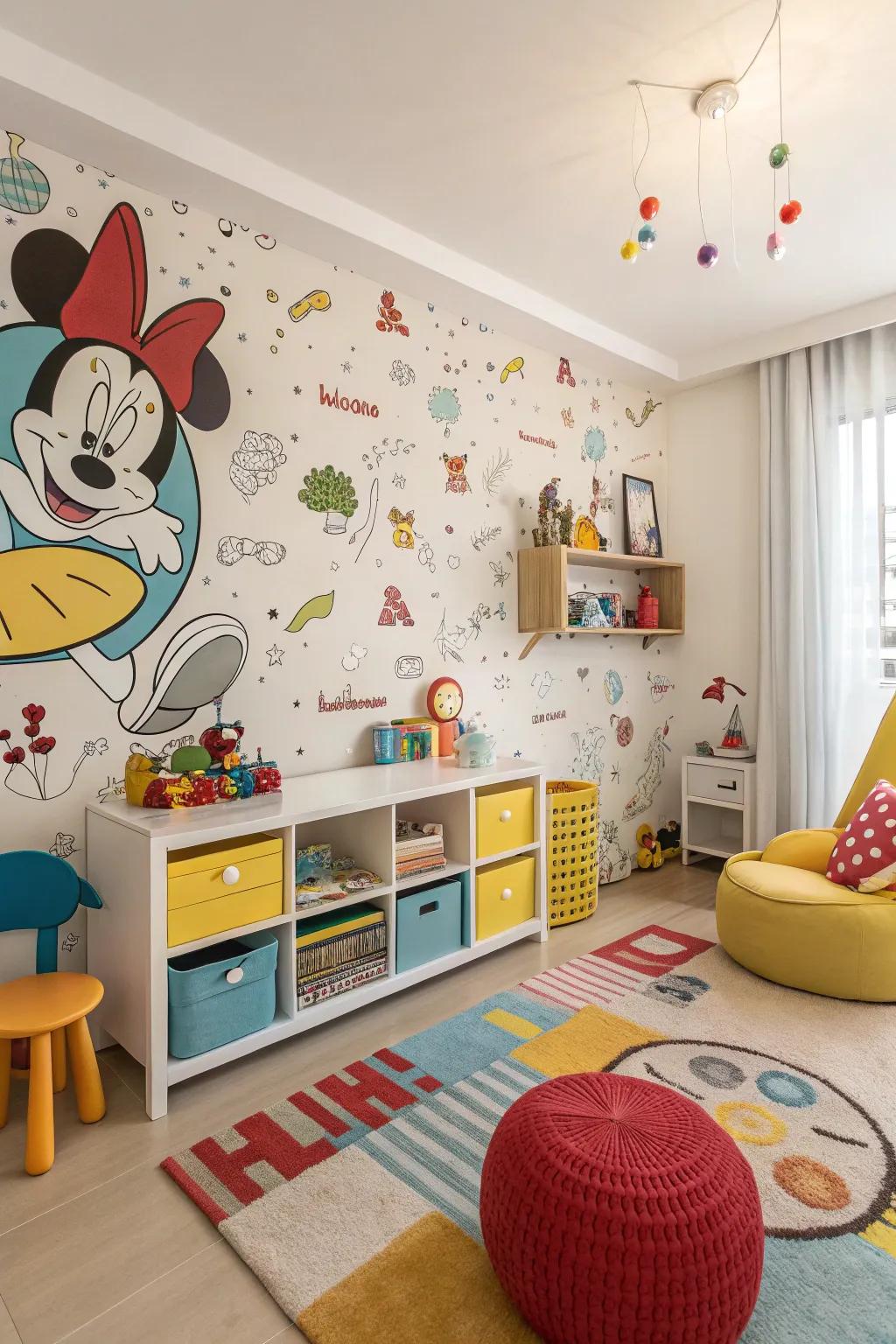 Animated character wallpaper introduces fun and whimsy to a child's space.