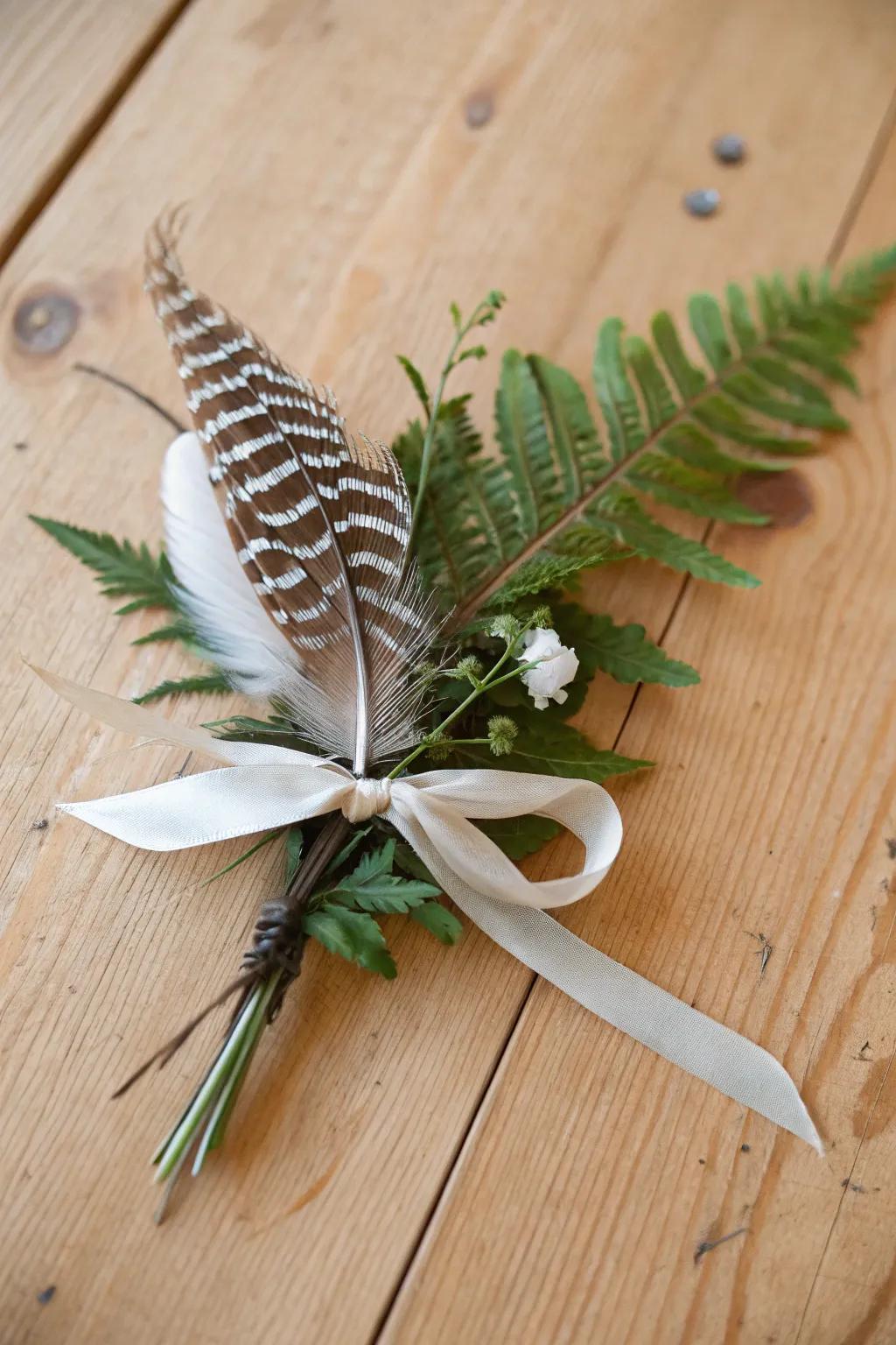 Plume and frond boutonnieres offer natural elegance.