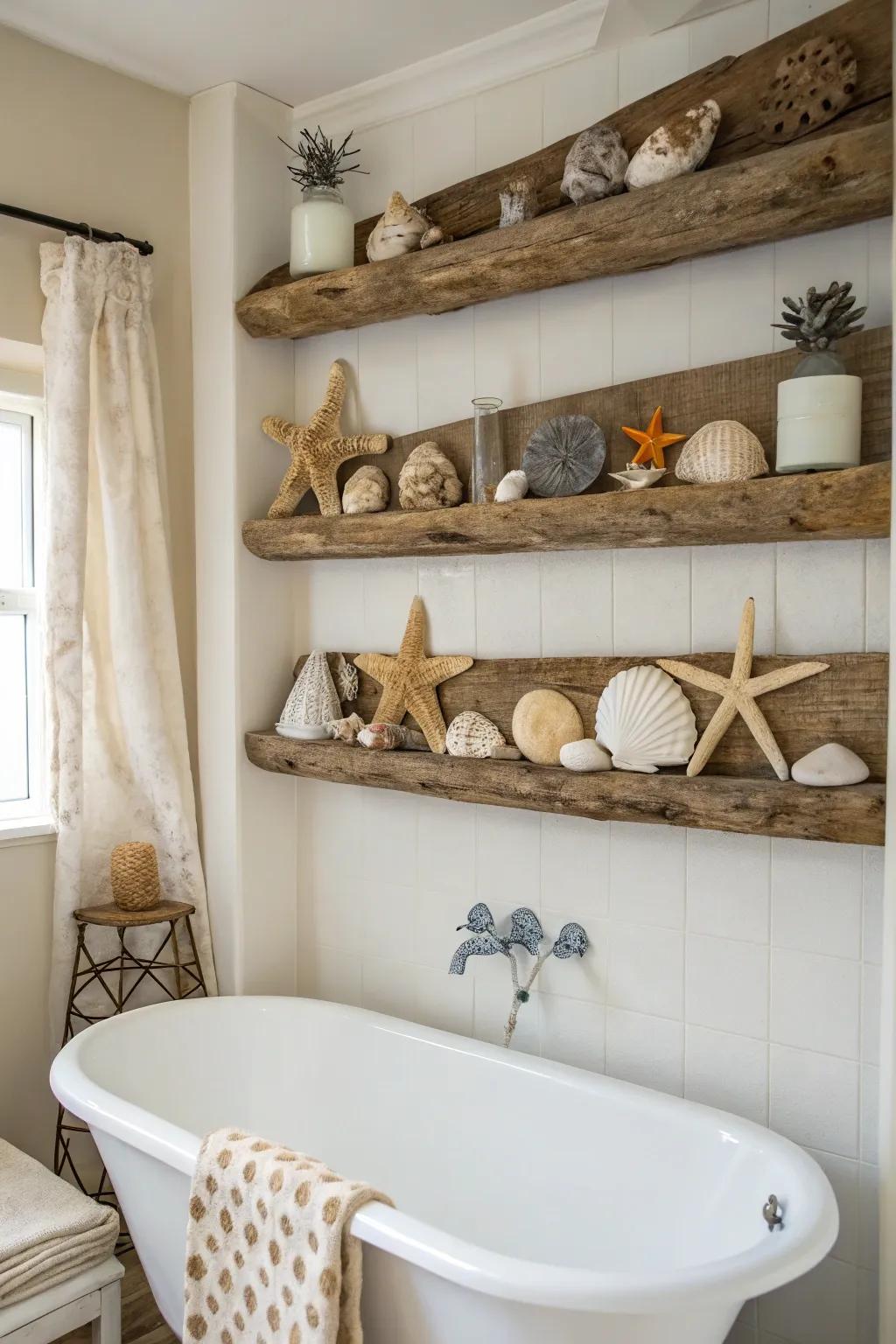 Driftwood shelving combines rustic charm with coastal beauty.