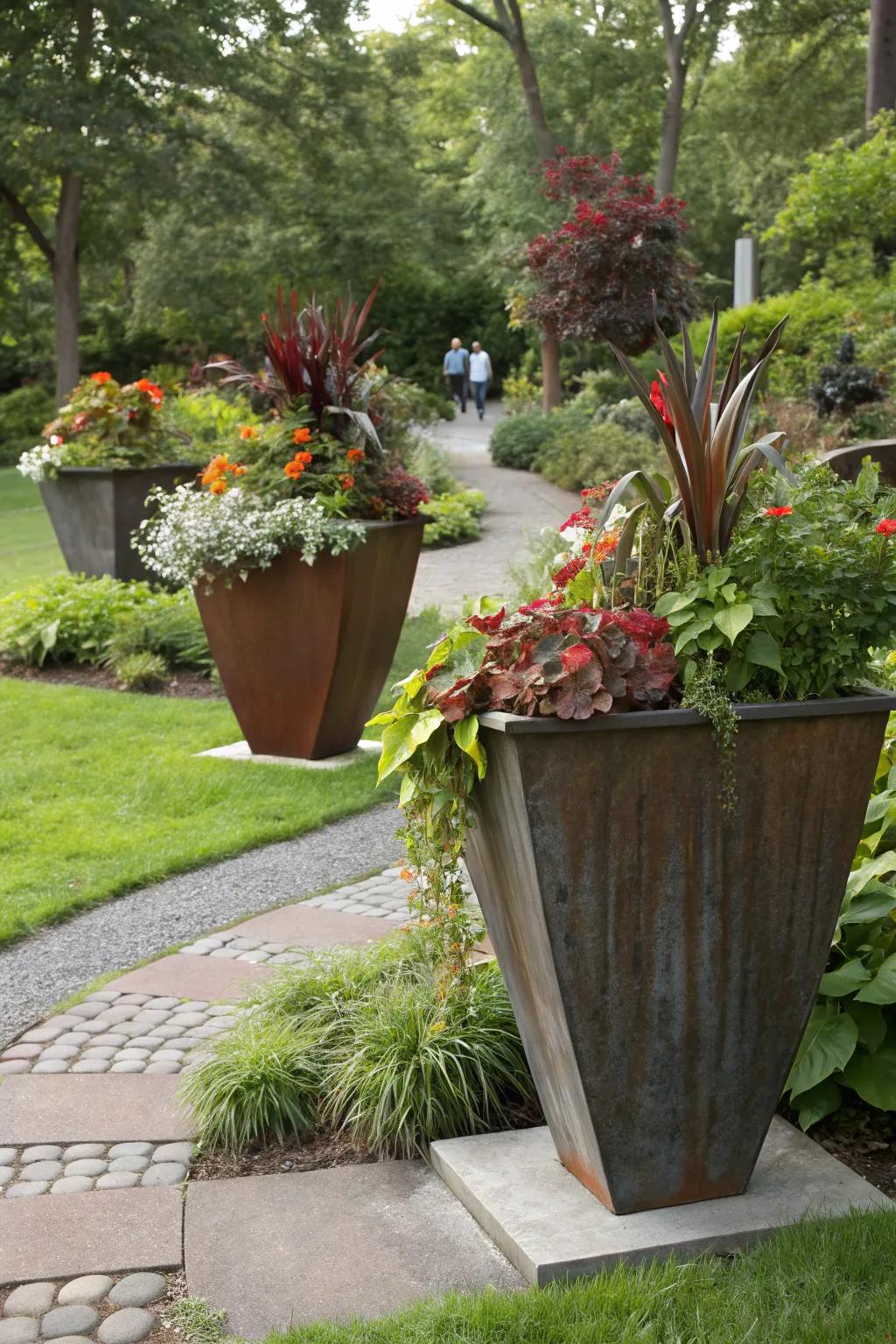 Metal planters enhance garden elegance.