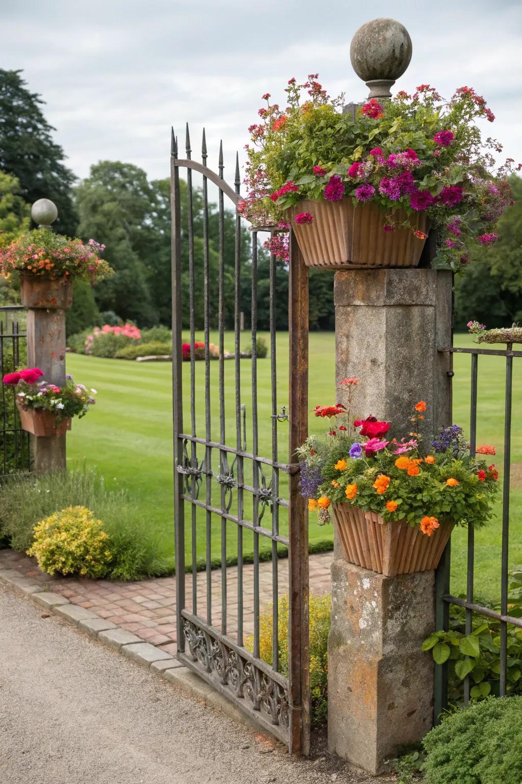 Gates with planters cultivate a living, green entrance.