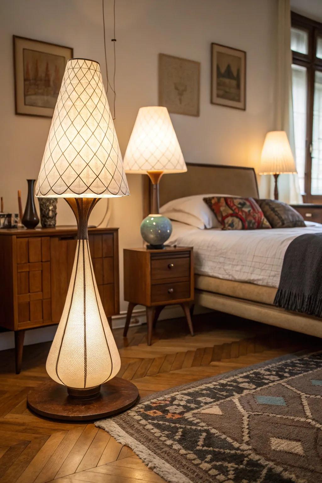 Balanced cone and globe lamps illuminate this mid-century modern bedroom with style.