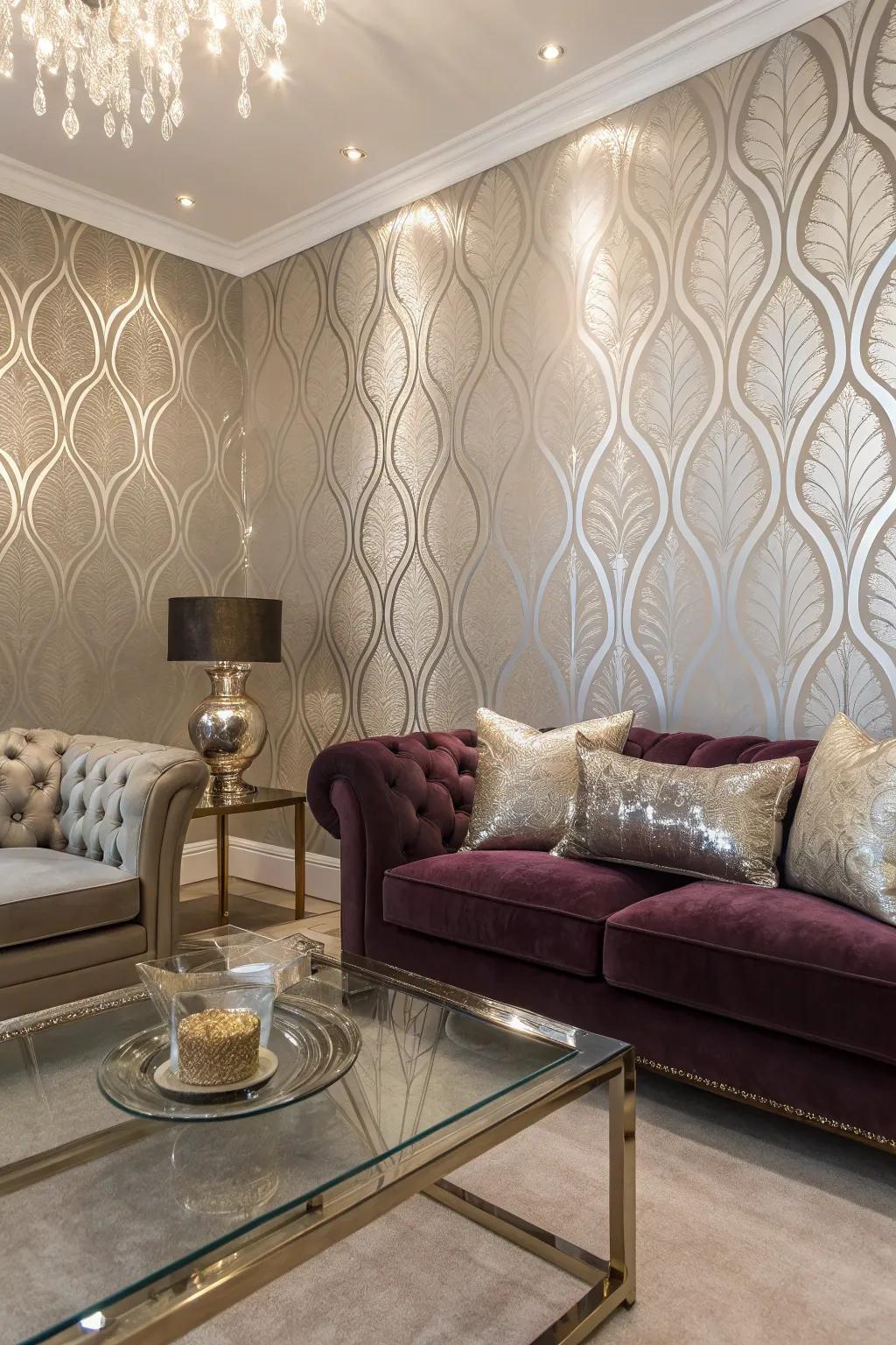A luxurious room featuring mid-century wallpaper with metallic accents.