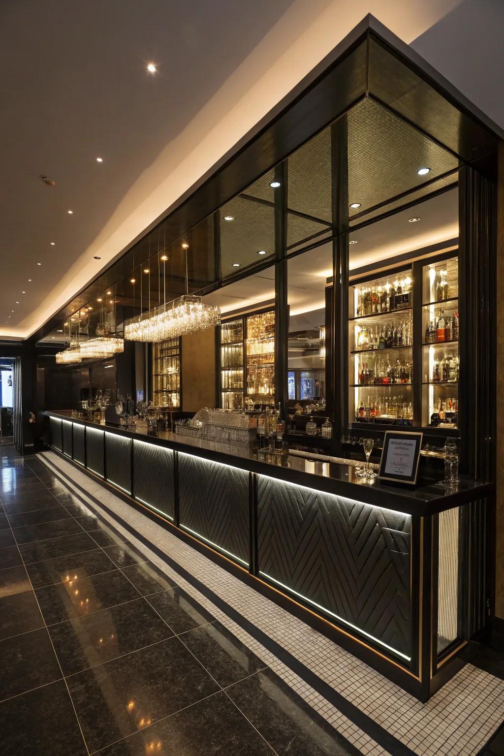 Mirrors and lighting amplify the perceived space of the home bar.