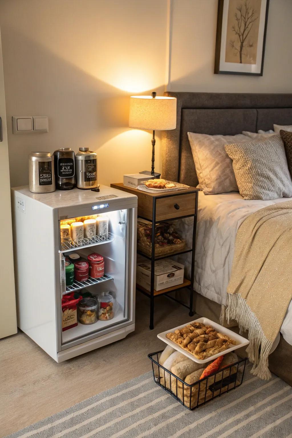 A miniature refrigerator within a bedroom dedicated to maintaining pet treats fresh.