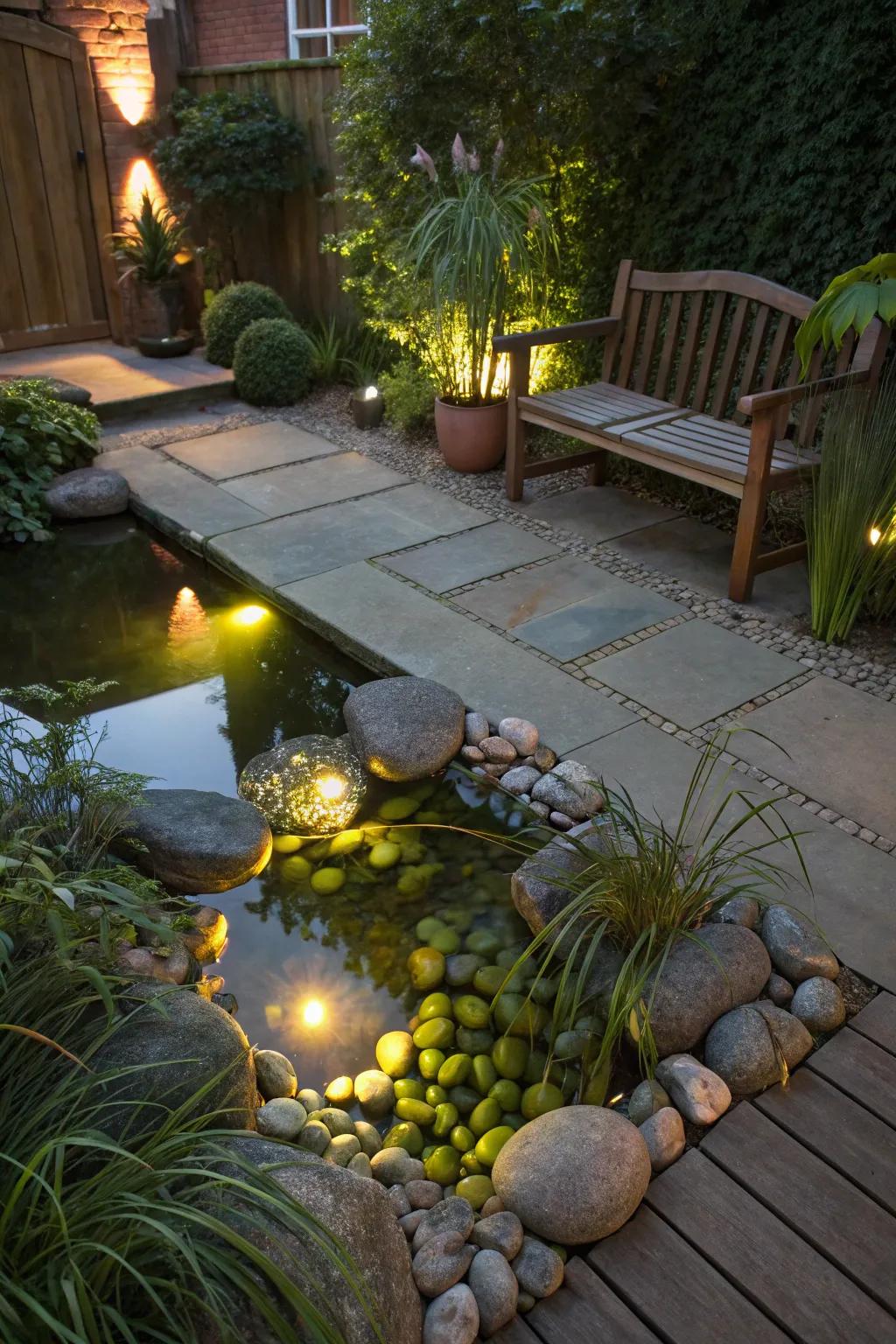 Underwater lights create a magical atmosphere in a patio pond.