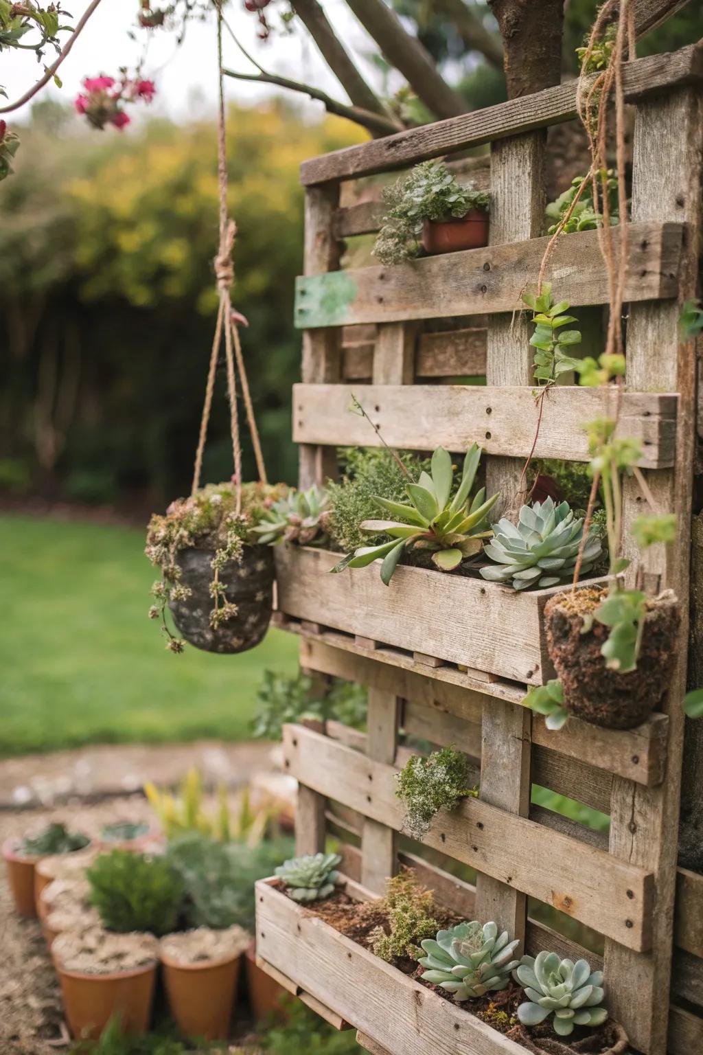 A pallet wood display adds rustic charm to any garden.