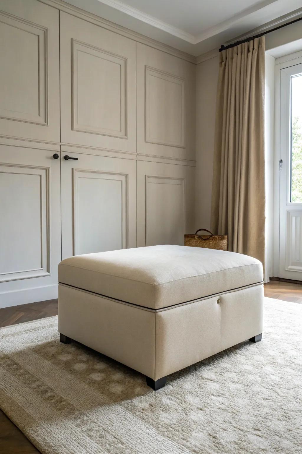 Integrated storage maintains a clean and clutter-free space.