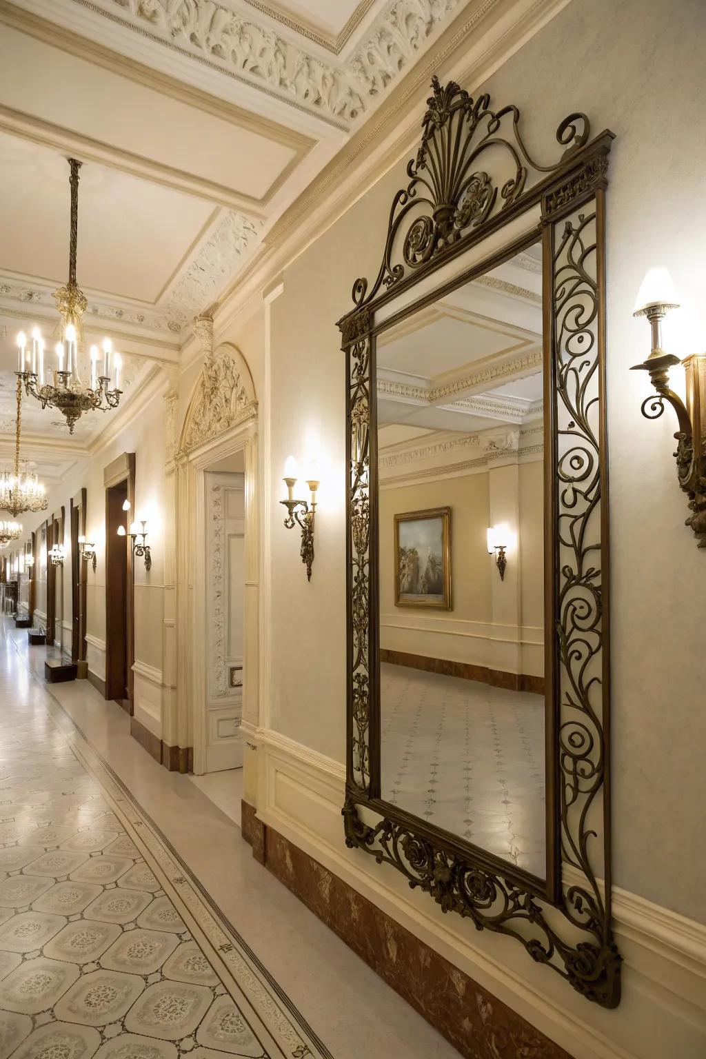 An ornate metalwork frame mirror makes a statement in an elegant hallway.