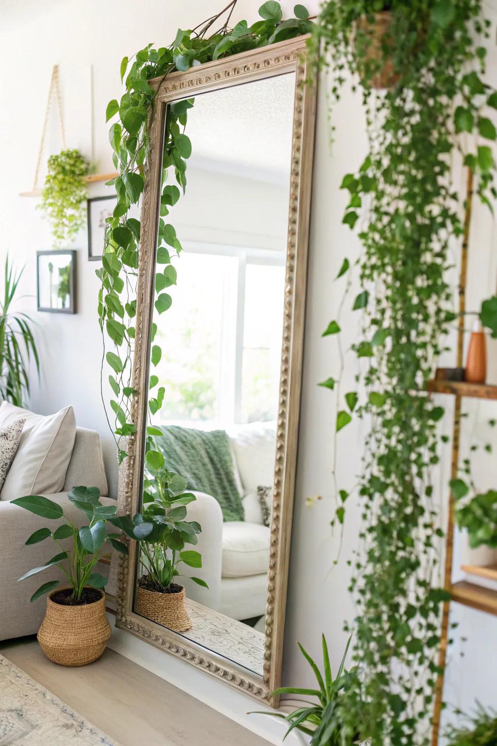 Mirrors and botanicals synergize to create a refreshed and welcoming area.