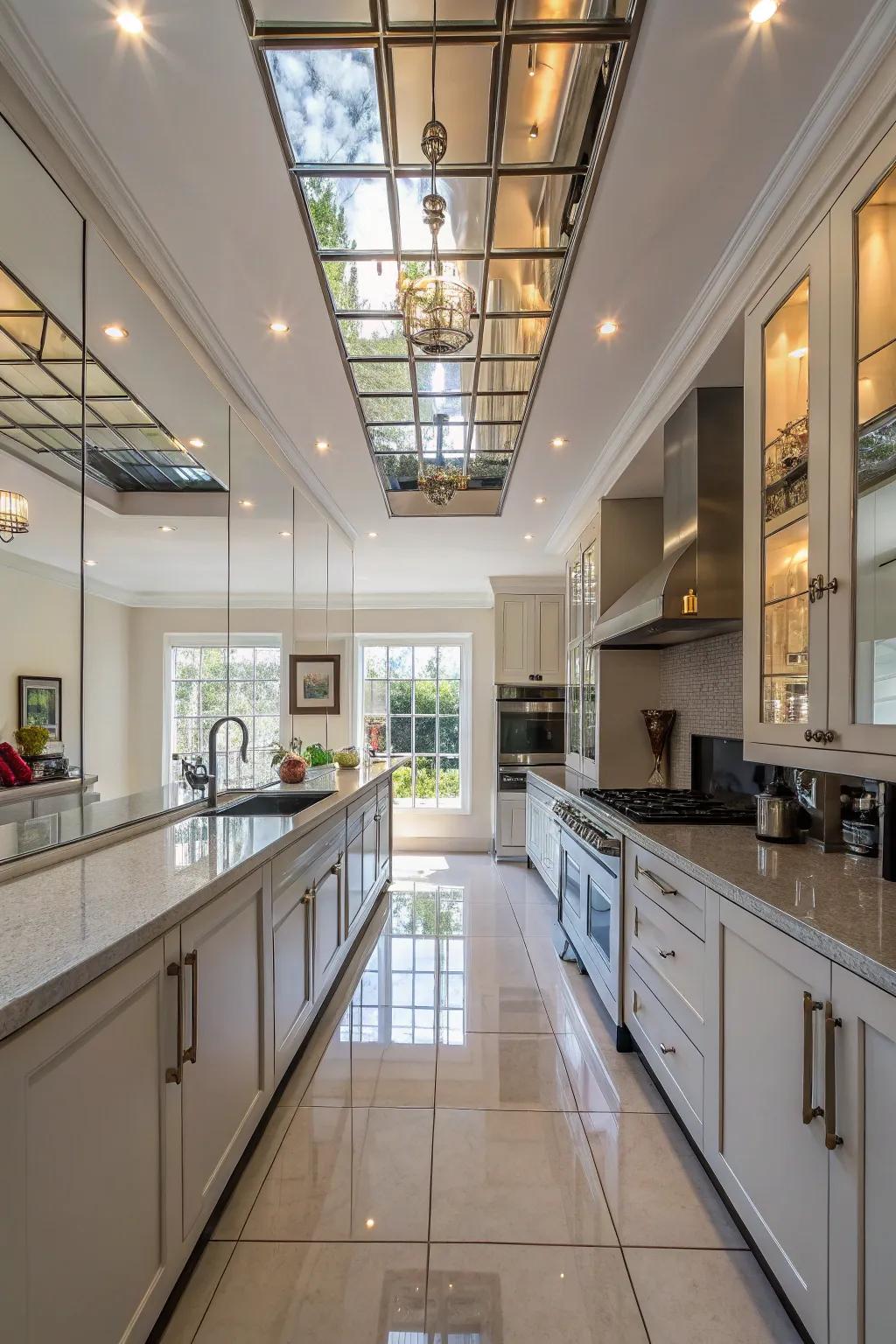Mirrors on the ceiling that reflect light and create a light, airy atmosphere.