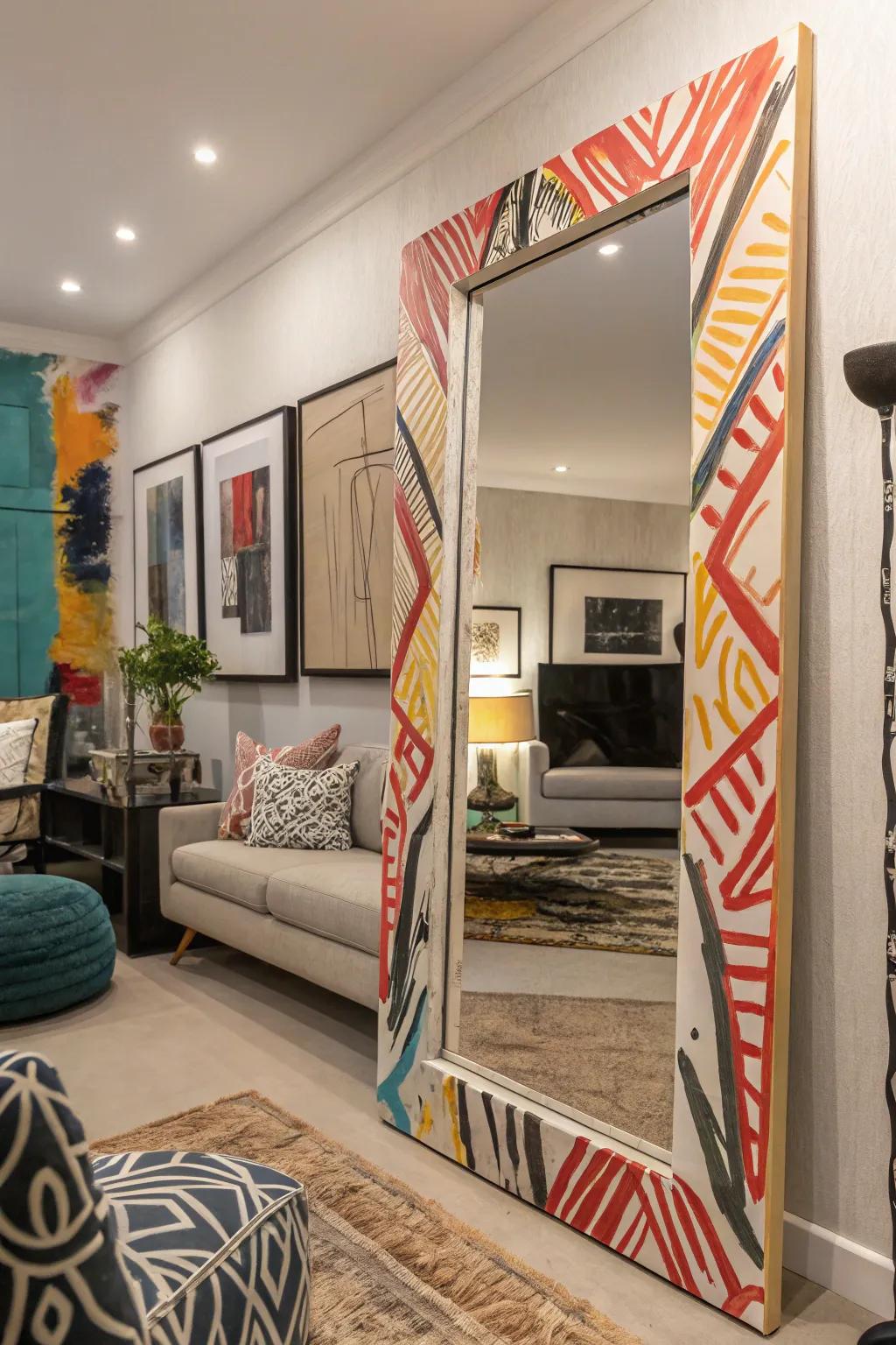 Your mirror is transformed into a statement piece by abstract art.
