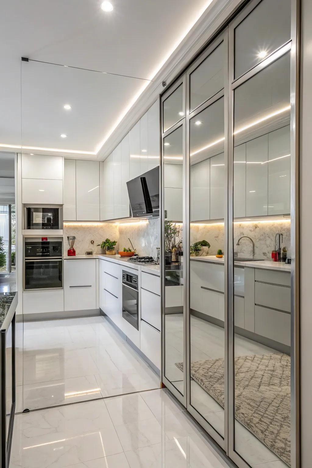 Mirrored culinary center cabinetry introduces a modern flair.