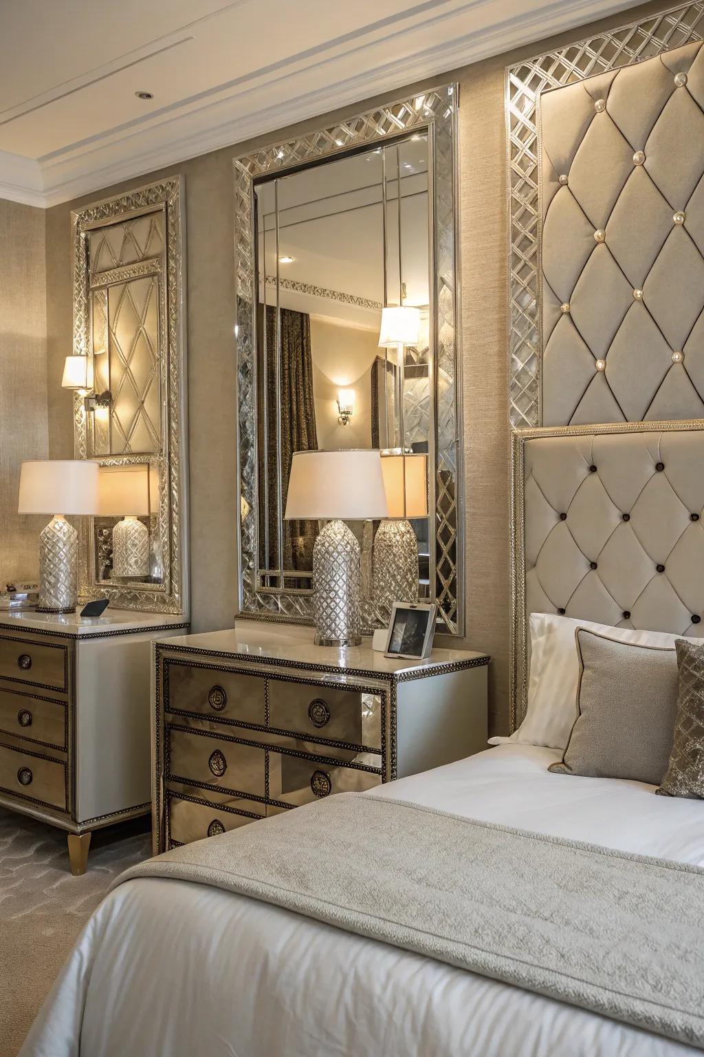 Metallic detailing on mirrors boosts an area's sense of luxury and radiance.