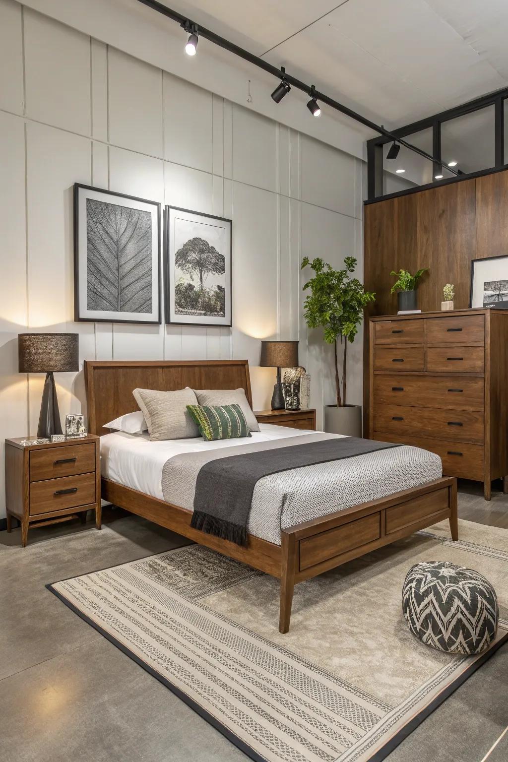 Modern highlights balance the warmth of wood.