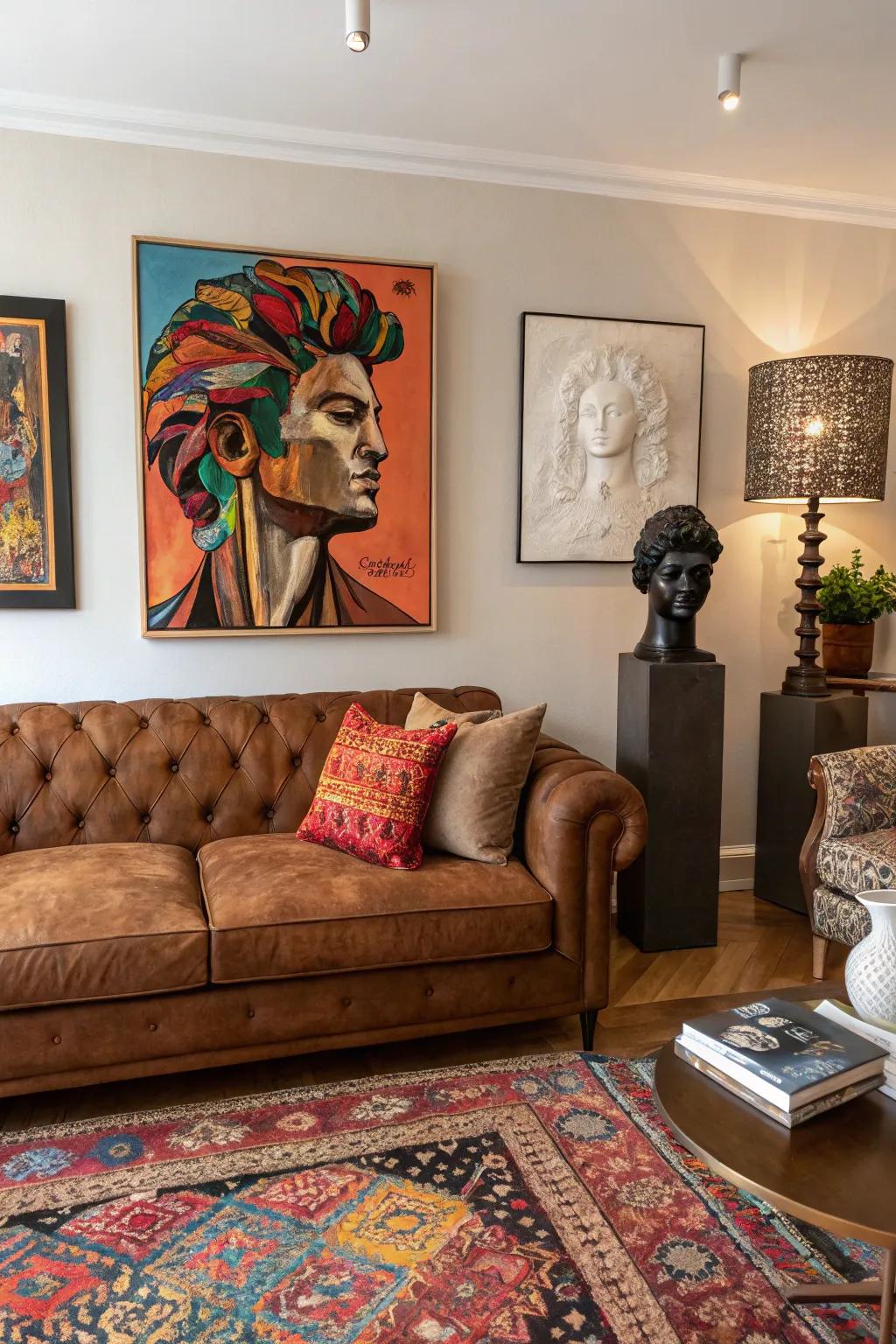 Artistic features convert the chocolate-brown sofa area into a personal exhibit.