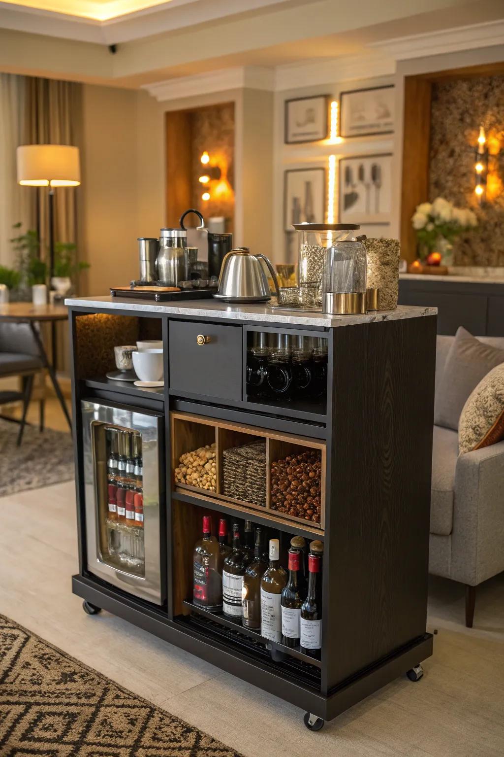Multi-functionality enhances the utility of this contemporary bar.