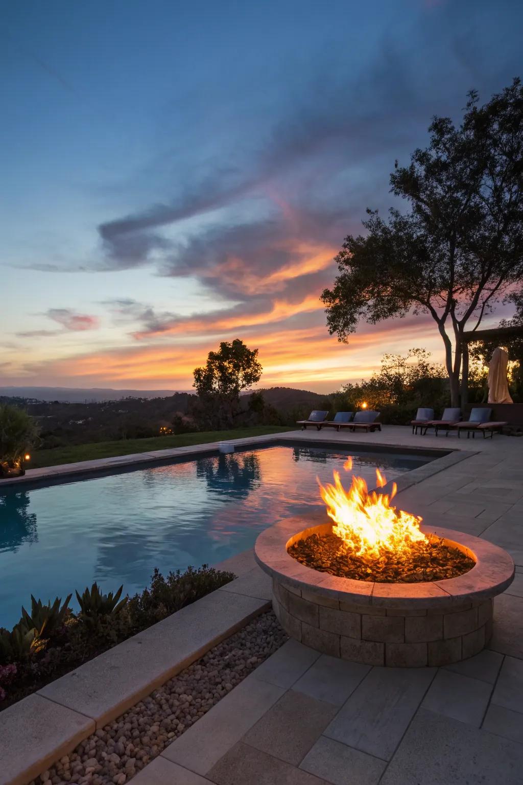 A fire pit introduces warmth and ambiance.
