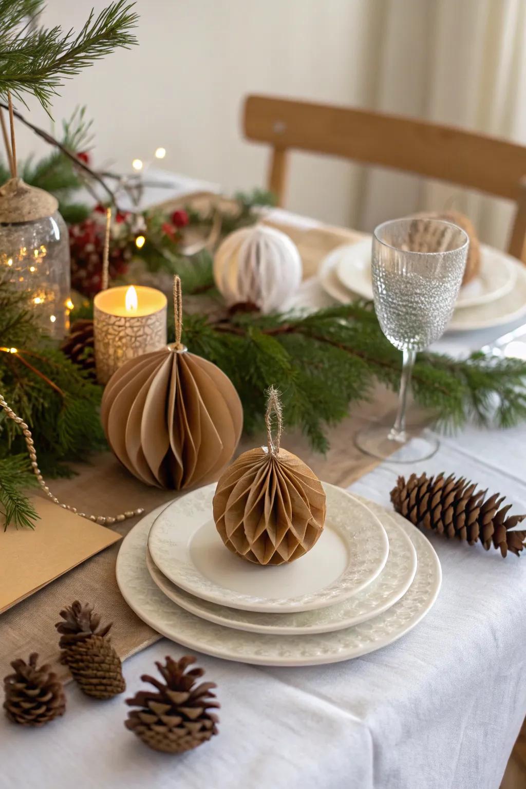 An eco-inspired table setting with recycled paper baubles.
