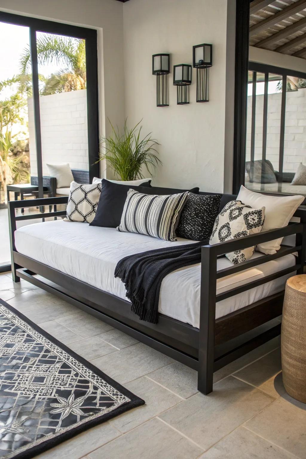 Monochrome bedding fashions a chic and unified appearance for a daybed.