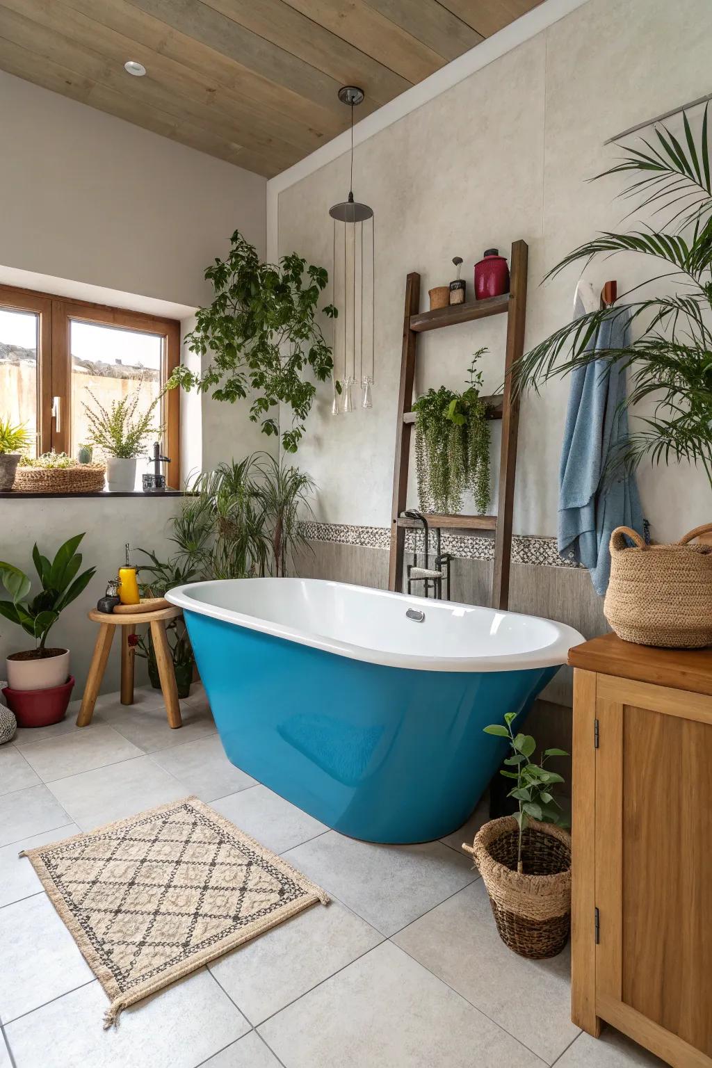 A colored bathtub adds an element of surprise as a focal point in this bathroom.