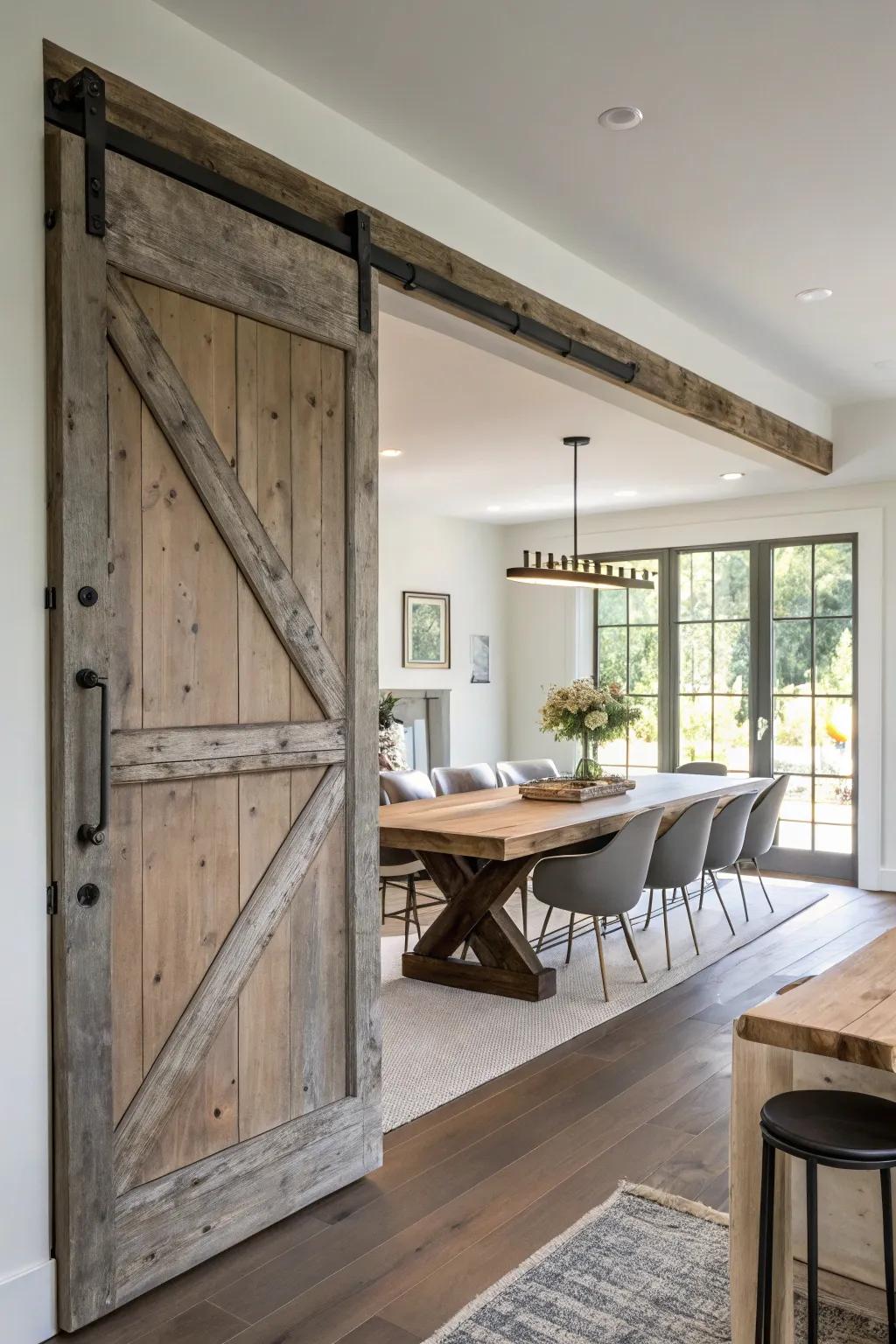 A barn-style door merges function with rustic charm.