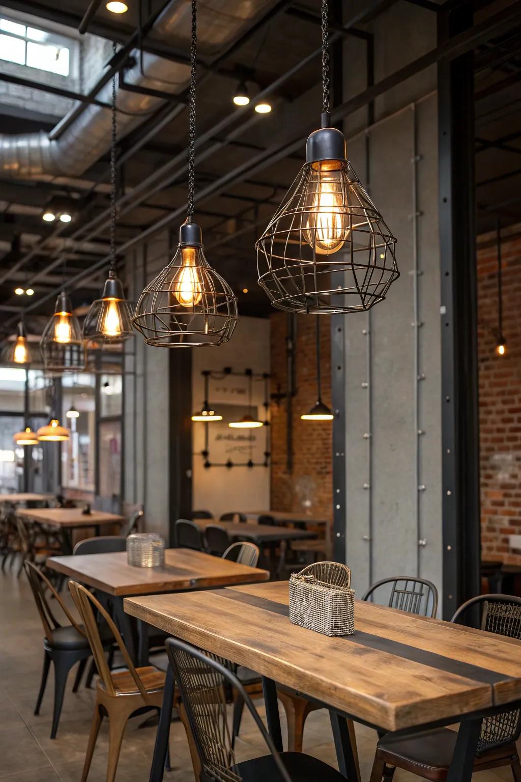 Urban cage pendants introduce an edgy element.