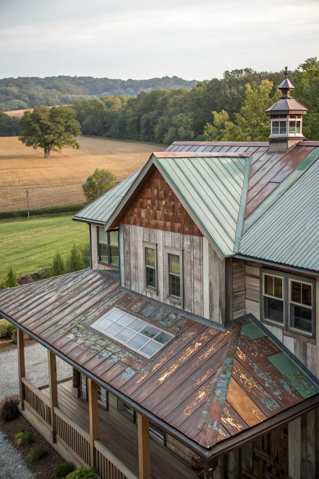 Creative textures: A farmhouse featuring a mixed-material metal roof.